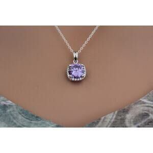 Sterling Silver Purple Round CZ Stone Square Shaped Pendant Necklace